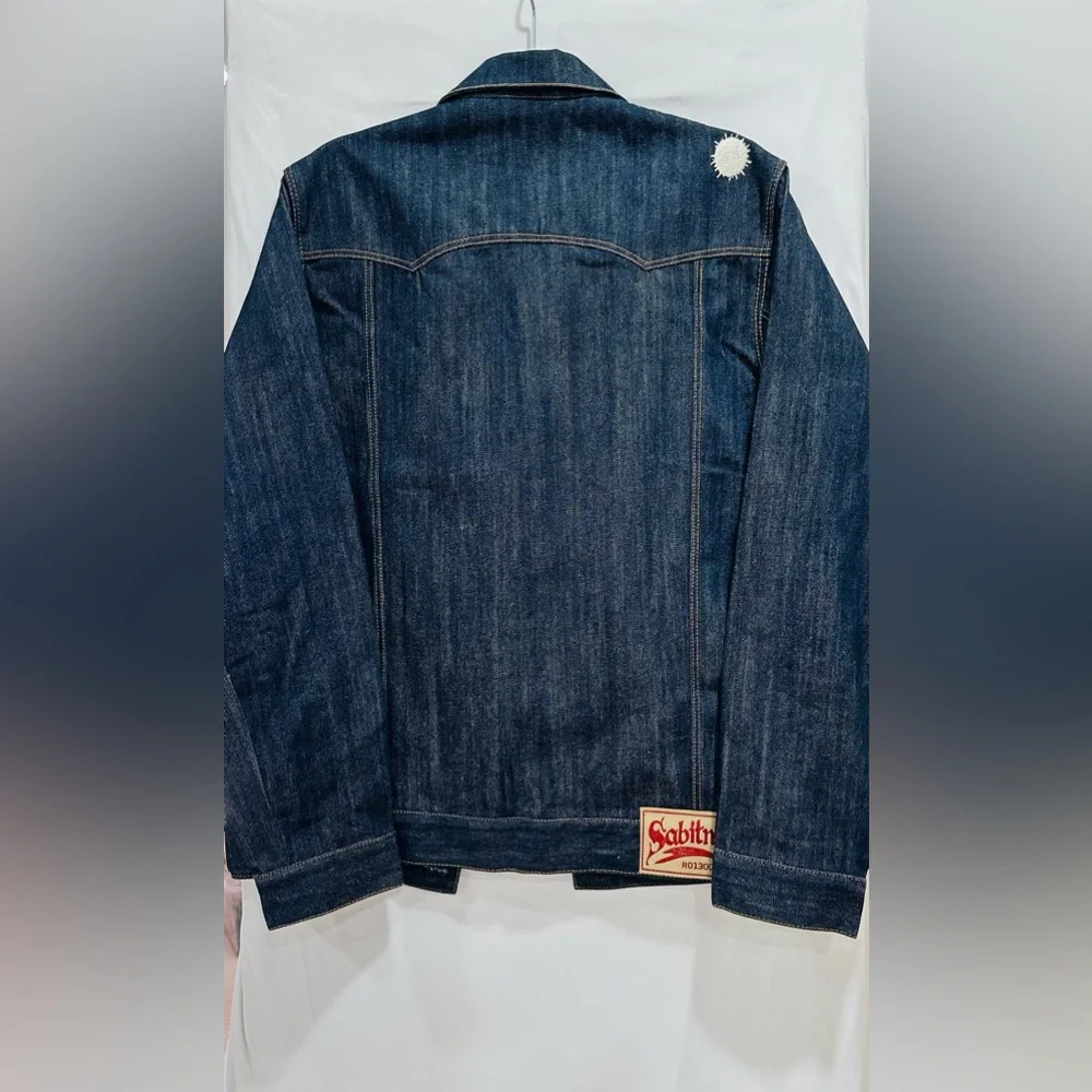 SABIT NYC Men's Denim Jacket Biker Patches‎ Embellished Blue L RARE